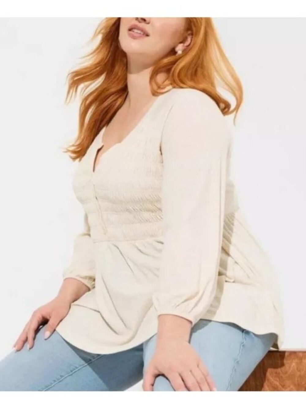 Torrid Top Womens 2X Ecru Smocked Henley Babydoll Textured Cottagecore Flirty